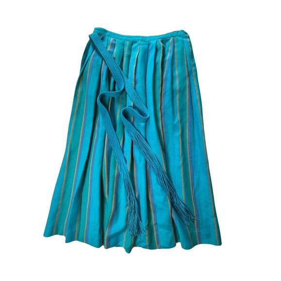 Vintage 80s Rafaella Midi Skirt Striped Blue Yellow Pintuck Pleats Granny Twee 8 - Picture 1 of 14